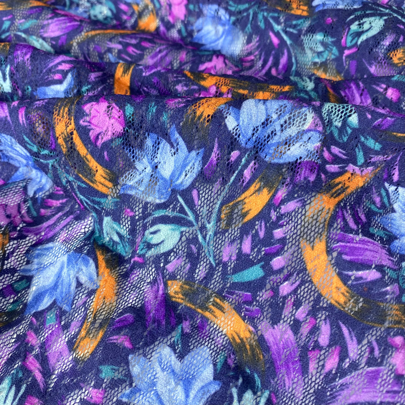 Floral Printed Stretch Lace - Blue/Purple/Orange