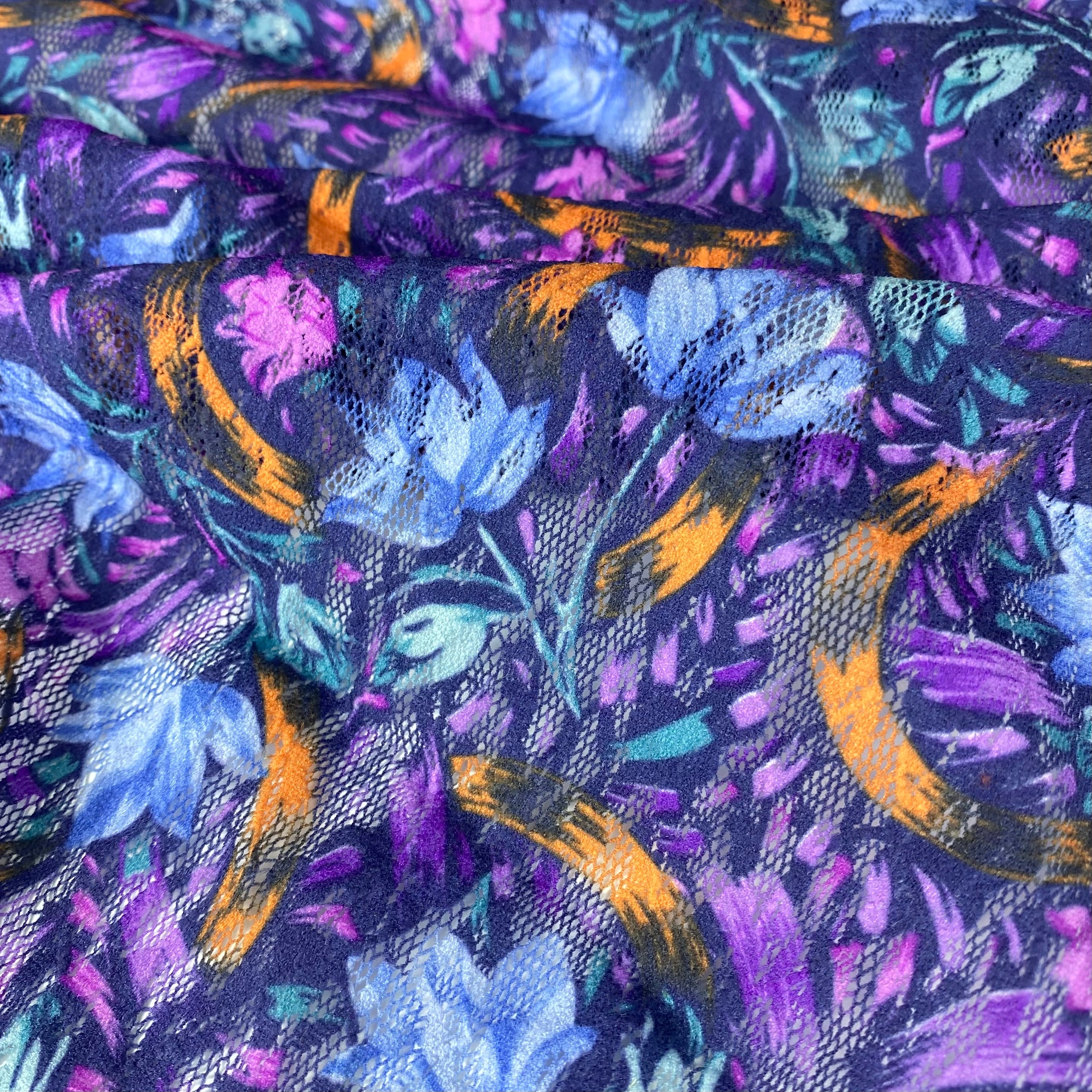 Floral Printed Stretch Lace - Blue/Purple/Orange
