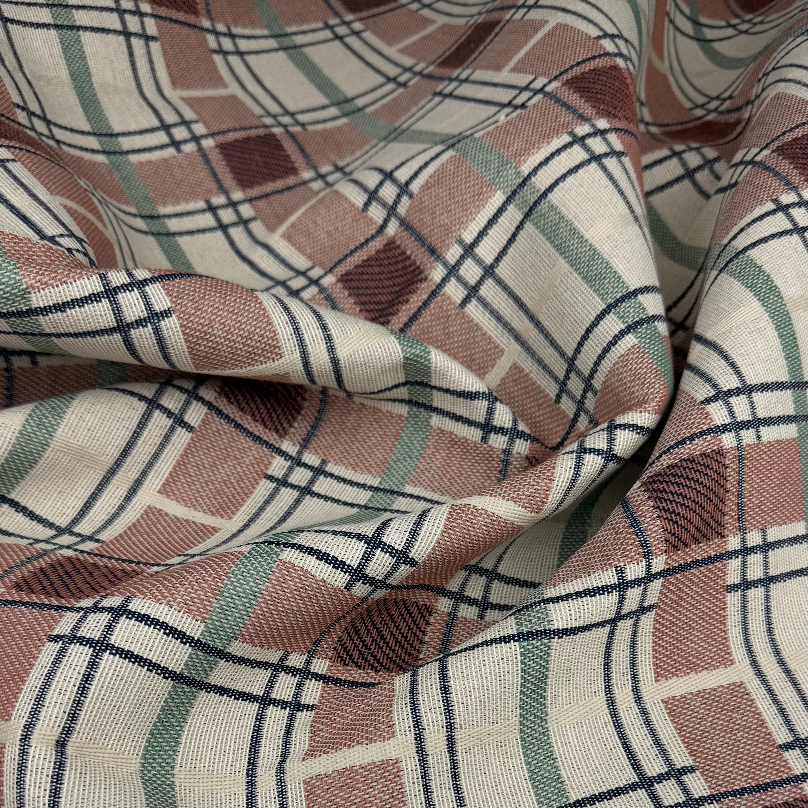 Plaid Cotton Blend Upholstery Remnant - Beige/Pink/Blue/Green