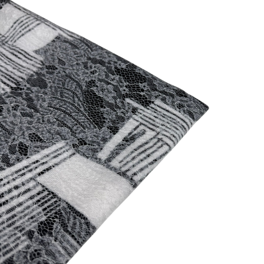 Floral Lace Fused on Patterned Polyester Knit - White/Grey