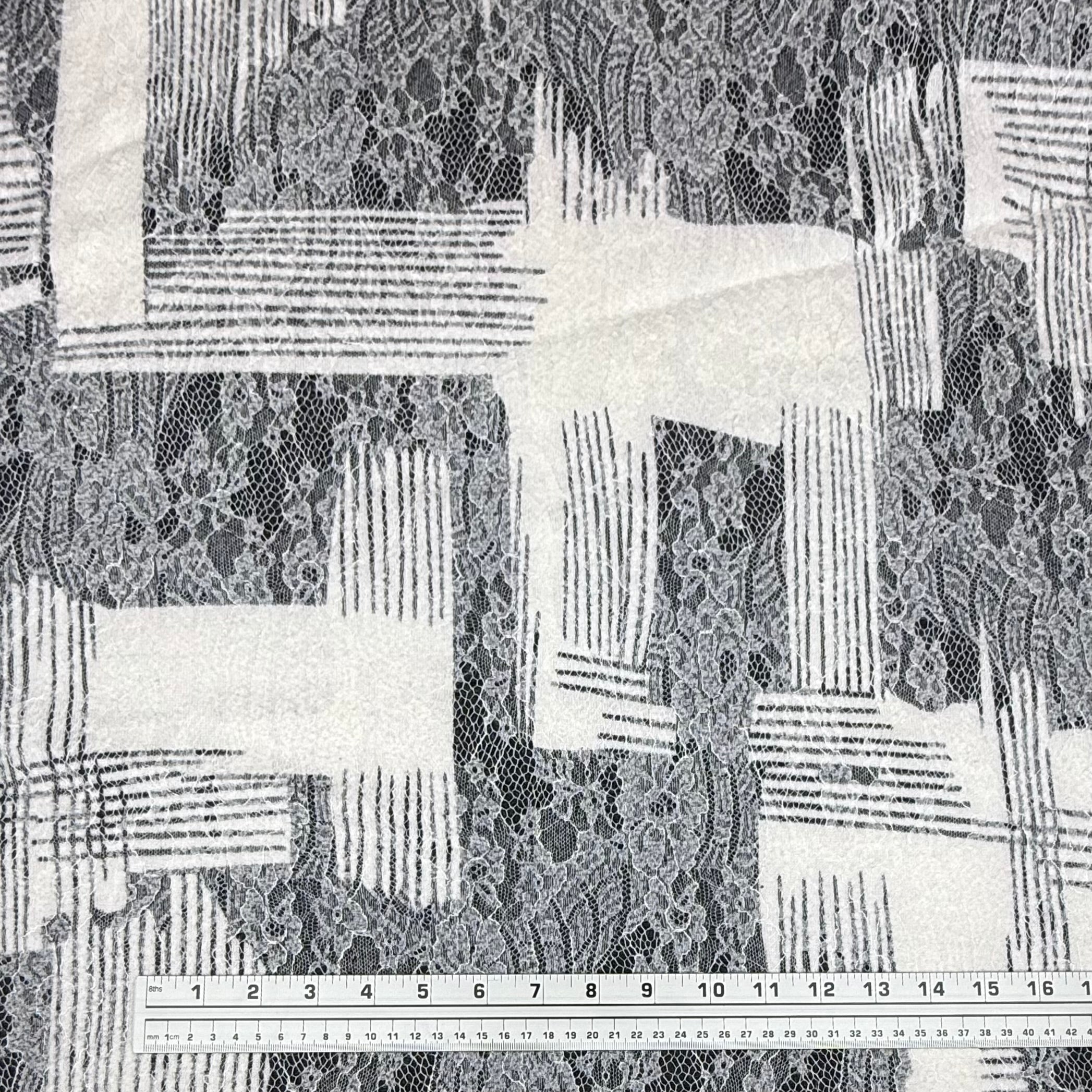 Floral Lace Fused on Patterned Polyester Knit - White/Grey