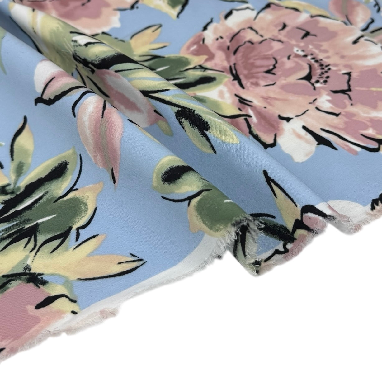 Floral Printed Polyester Tricot Interfaced Back - Blue/Pink/Black