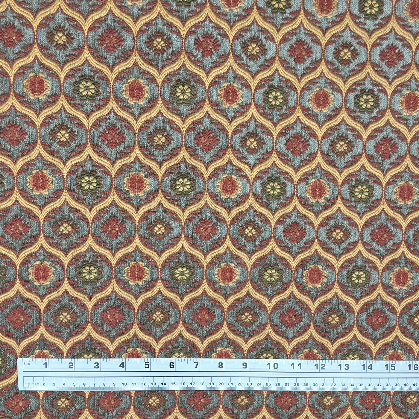 Patterned Chenille Upholstery Remnant  - Rust/Taupe/Gold/Green