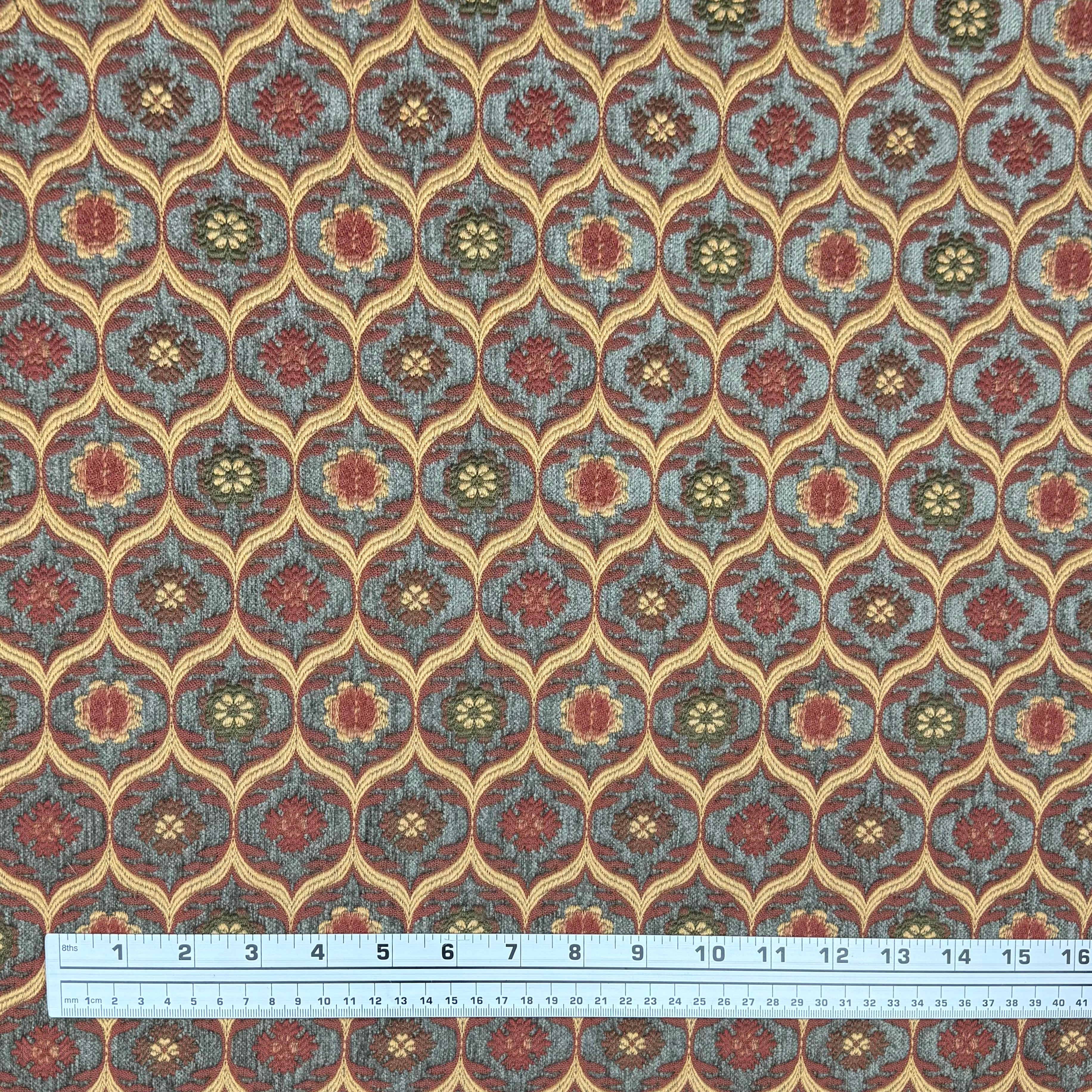Patterned Chenille Upholstery Remnant  - Rust/Taupe/Gold/Green
