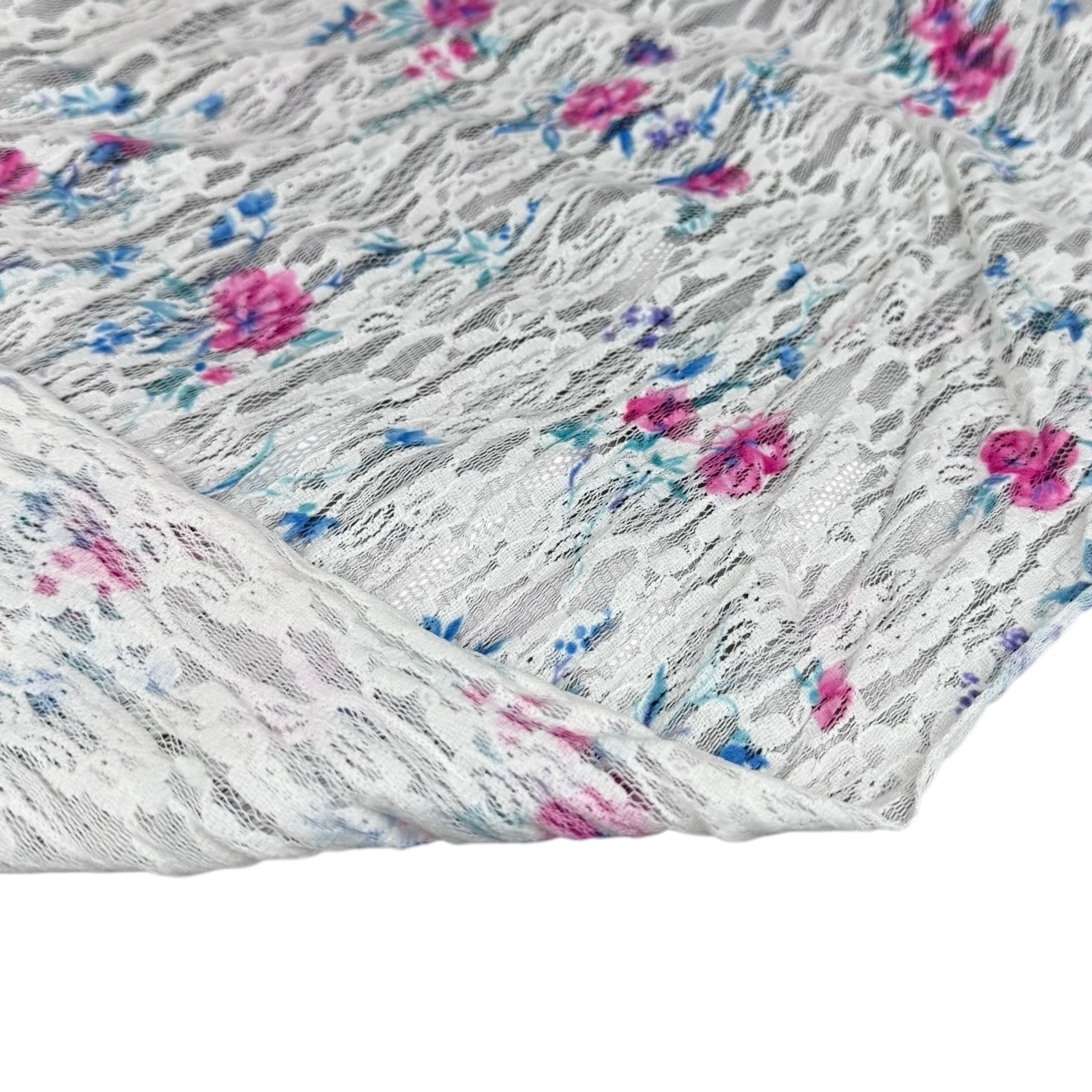 Floral Printed Stretch Lace - White/Pink/Blue
