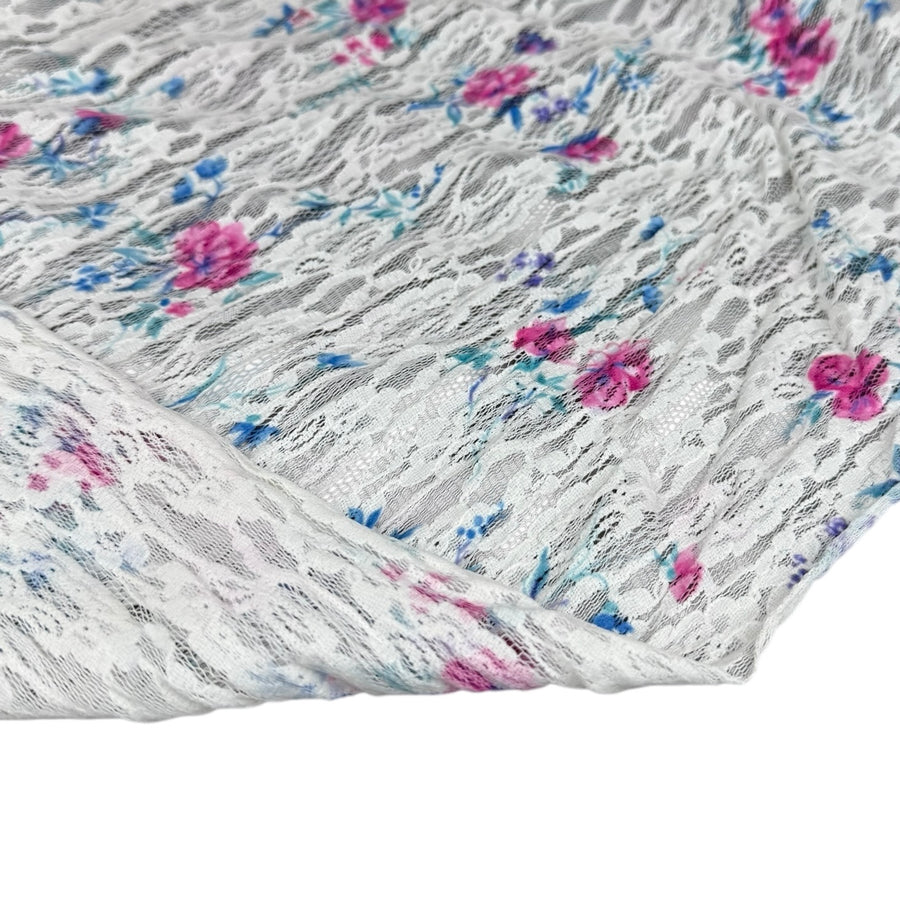 Floral Printed Stretch Lace - White/Pink/Blue