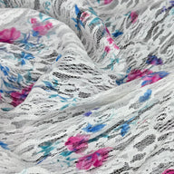 Floral Printed Stretch Lace - White/Pink/Blue