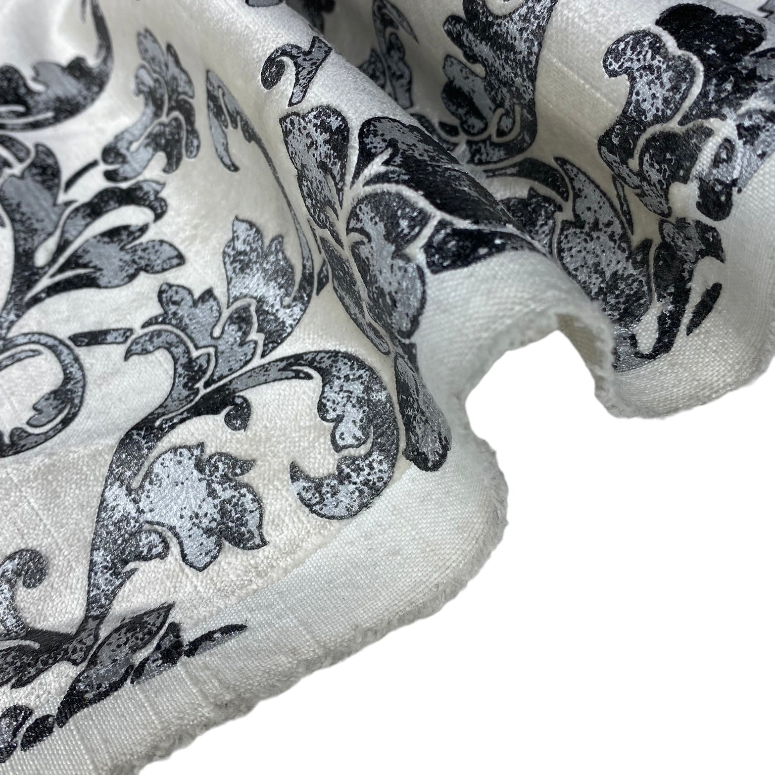 Printed Velvet Upholstery Designer Remnant  - Off White/Grey