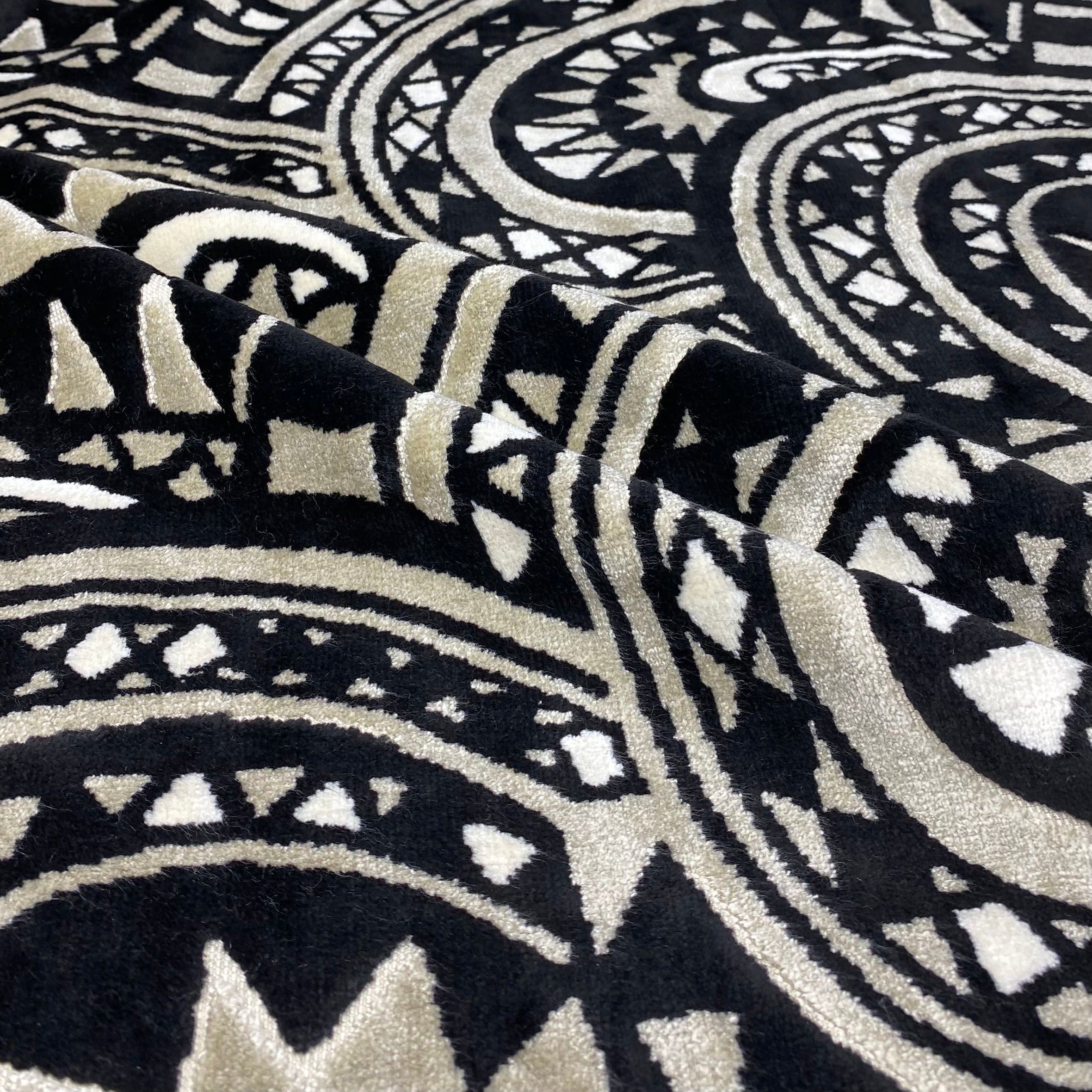 Patterned Cotton Velvet Upholstery - Designer Remnant - Black/Beige/Off White