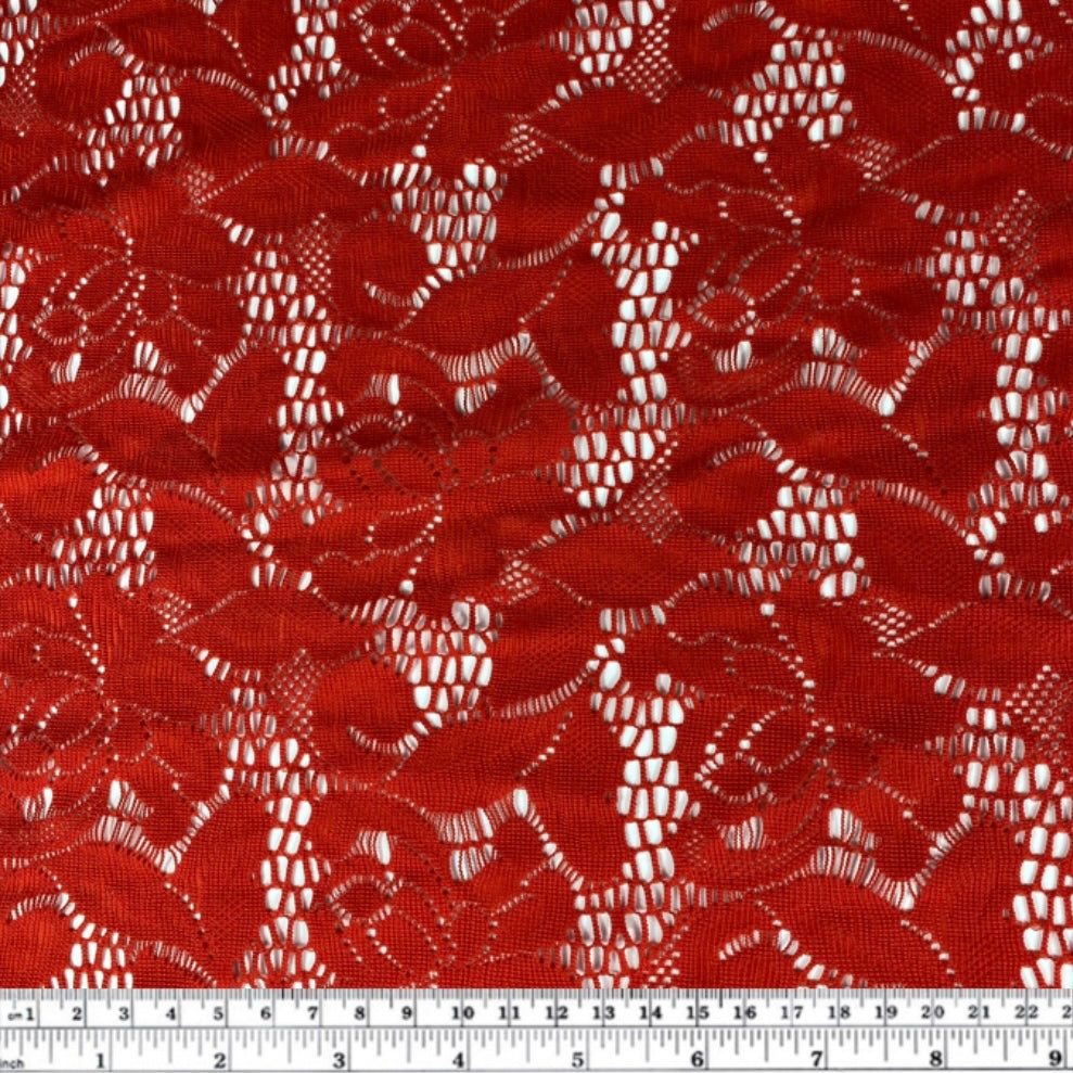 Stretch Floral Lace - 52” - Red