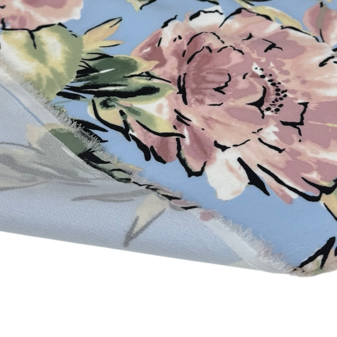 Floral Printed Polyester Tricot Interfaced Back - Blue/Pink/Black