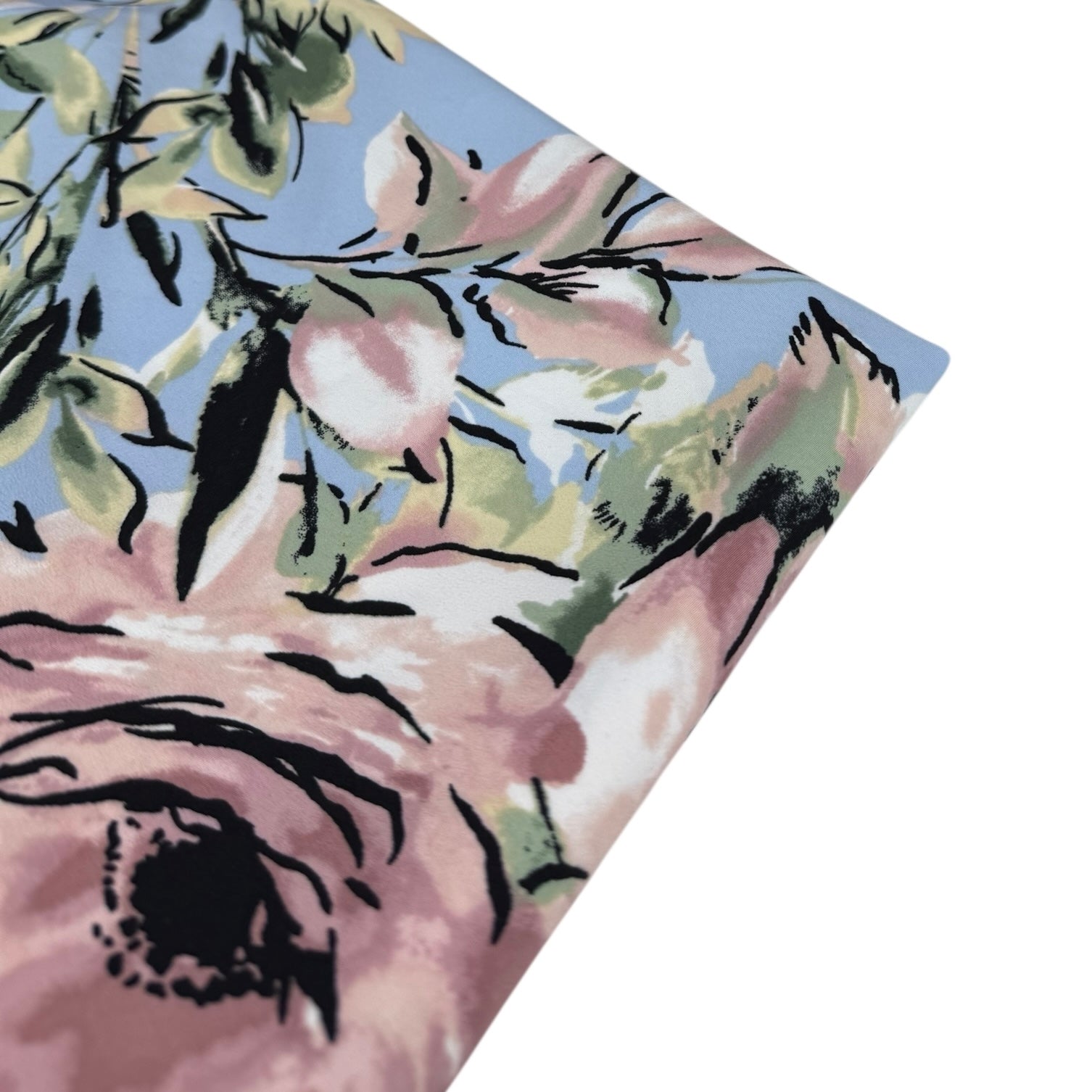 Floral Printed Polyester Tricot Interfaced Back - Blue/Pink/Black