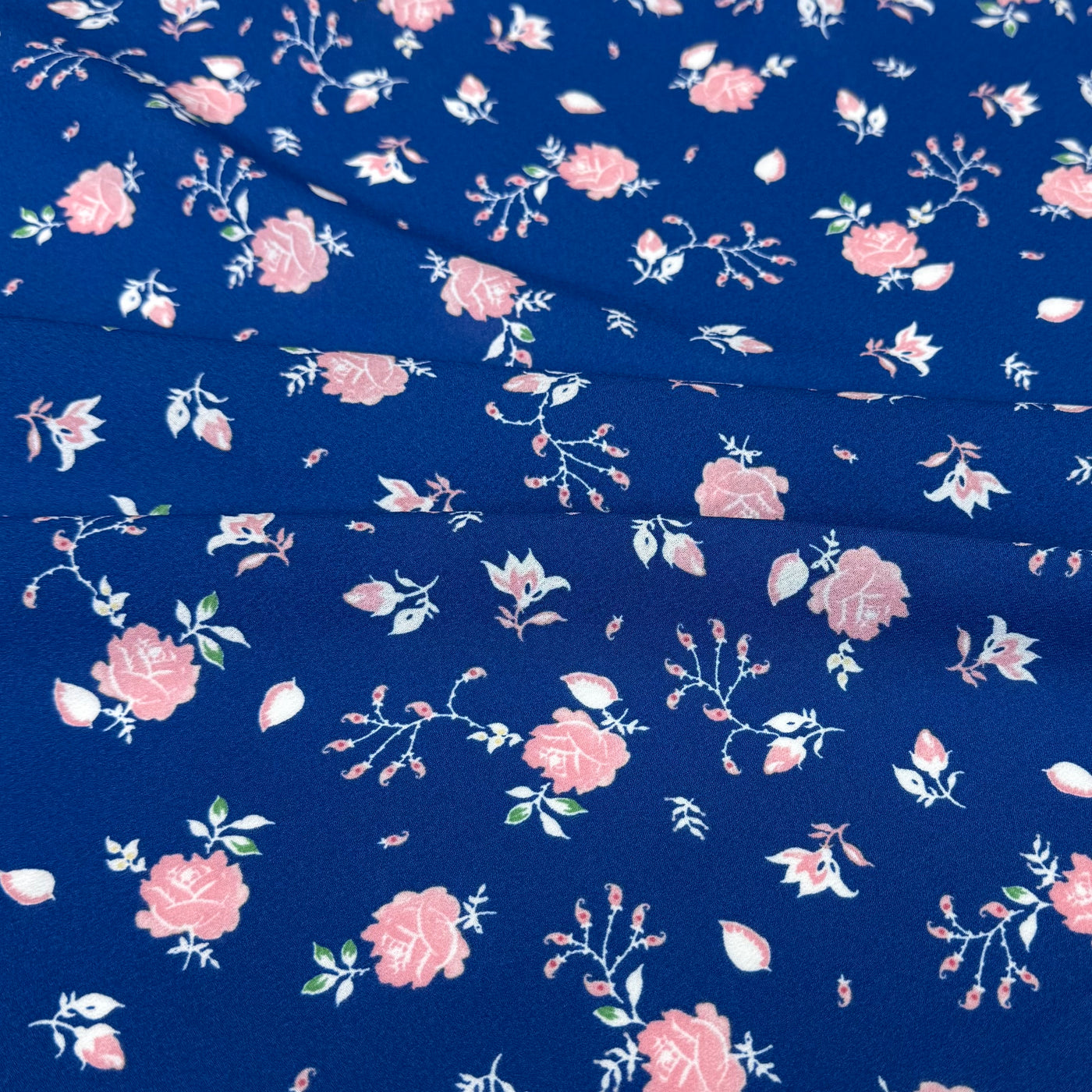 Floral Printed Polyester Crepe - Blue/White/Pink