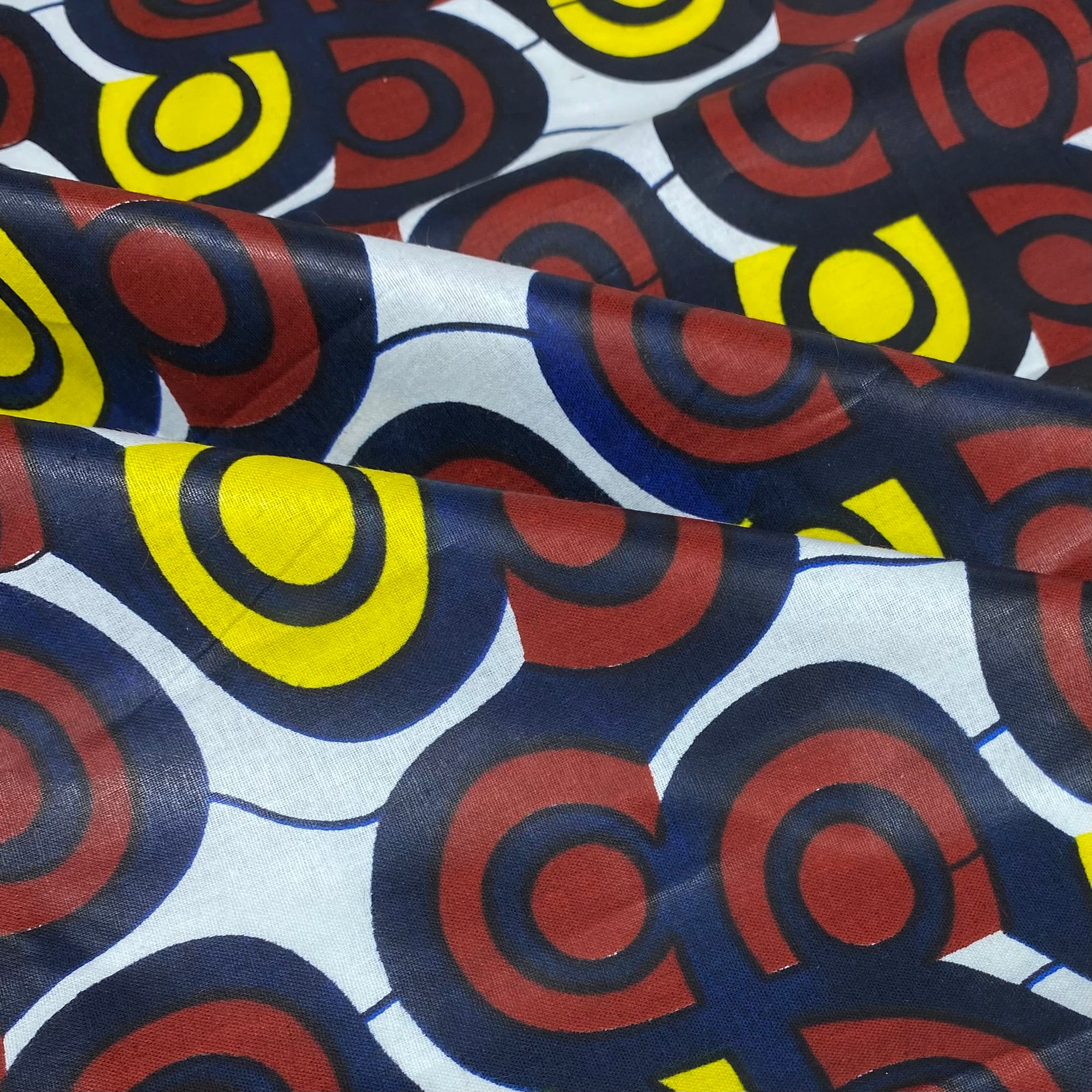 Waxed African Printed Cotton - Blue/Brown/Yellow