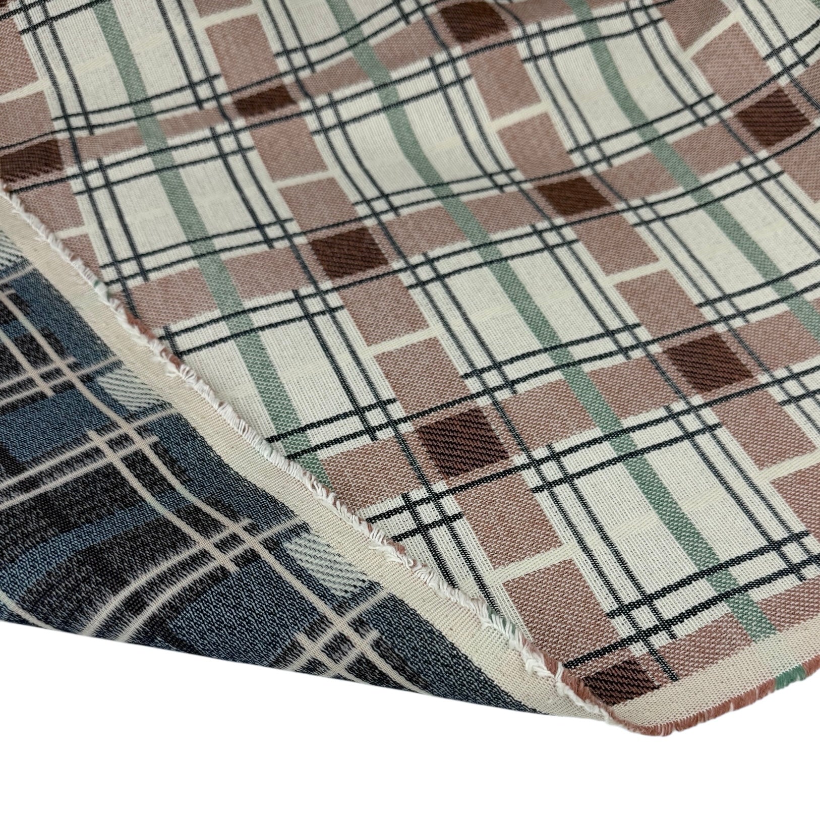 Plaid Cotton Blend Upholstery Remnant - Beige/Pink/Blue/Green