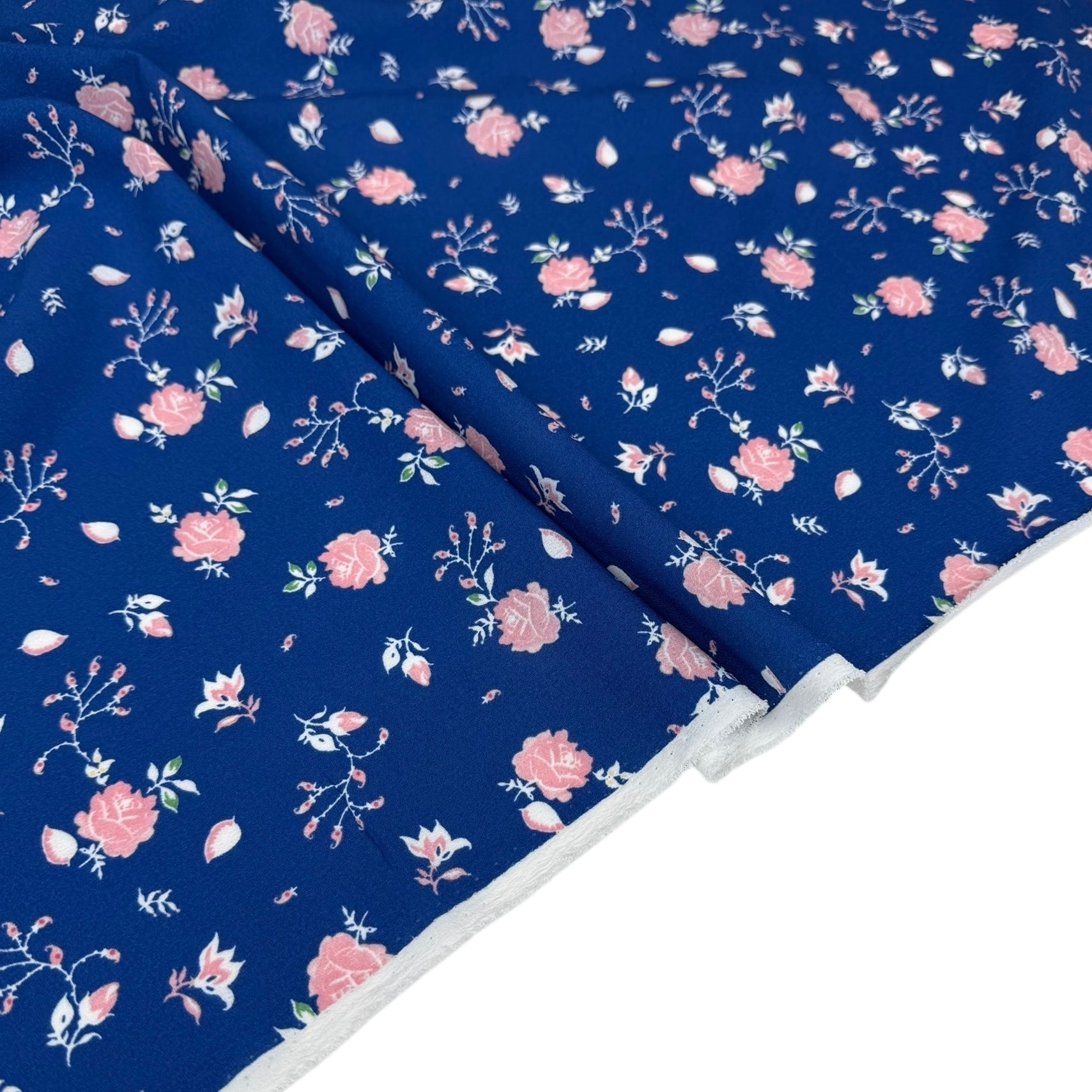 Floral Printed Polyester Crepe - Blue/White/Pink