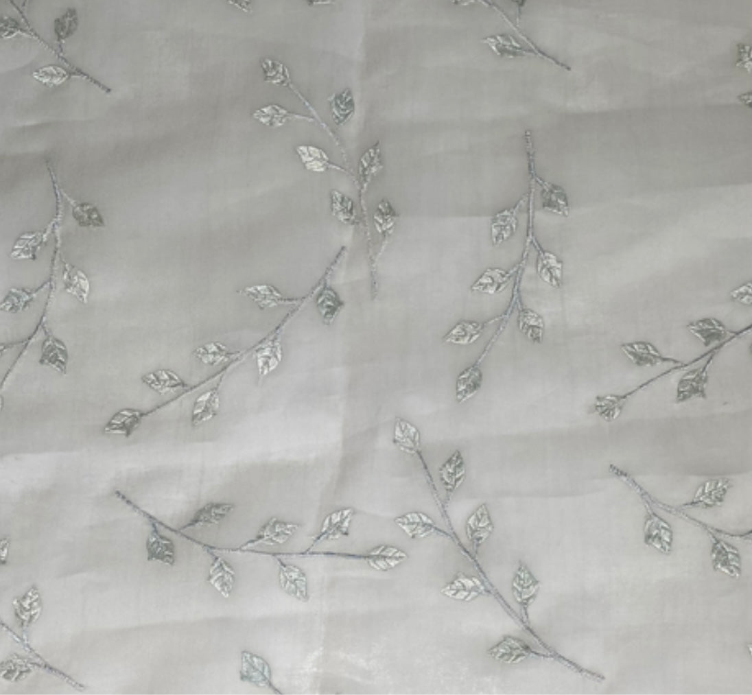 Embroidered Silk Organza - Light Grey/Mint