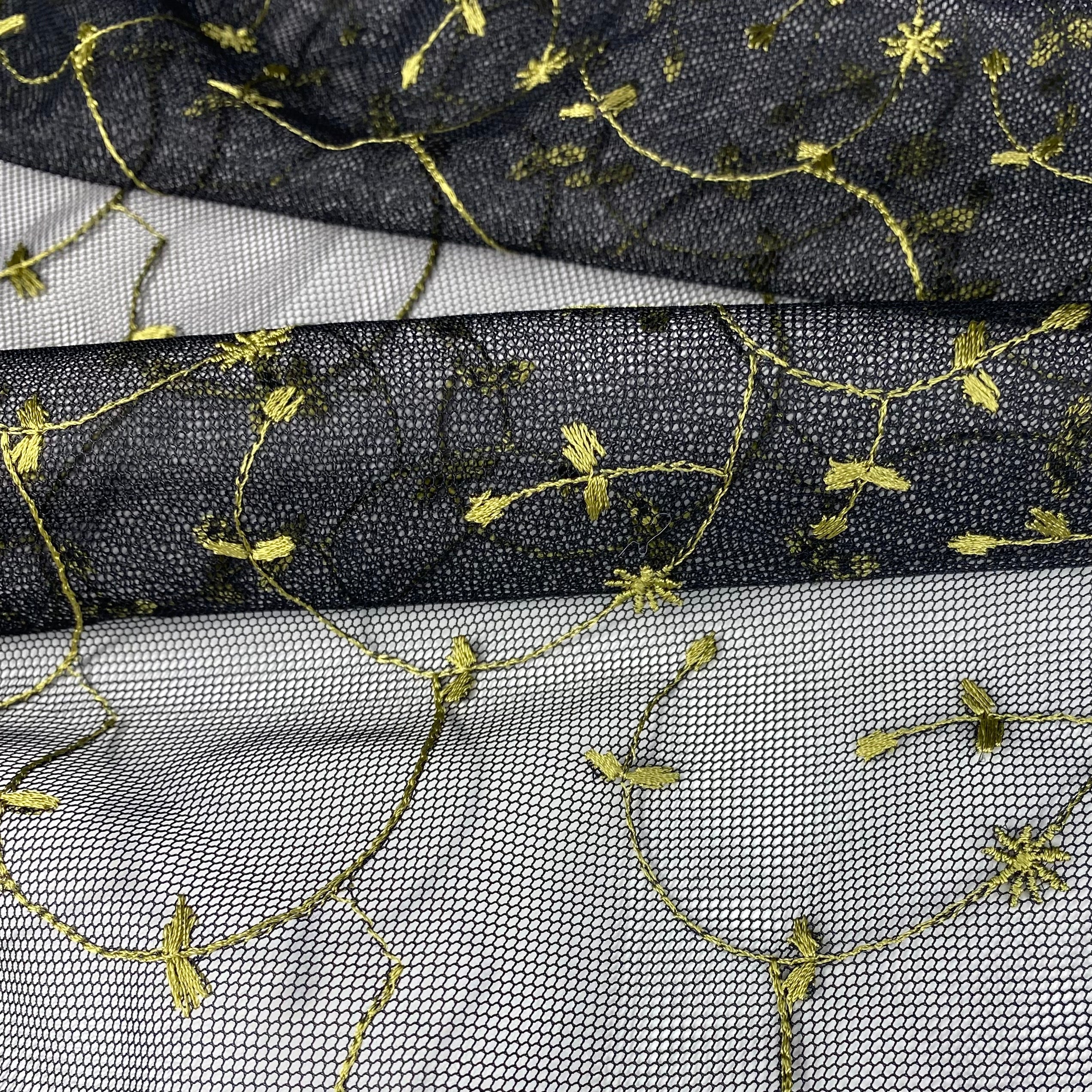 Floral Vines Embroidered Mesh - Black/