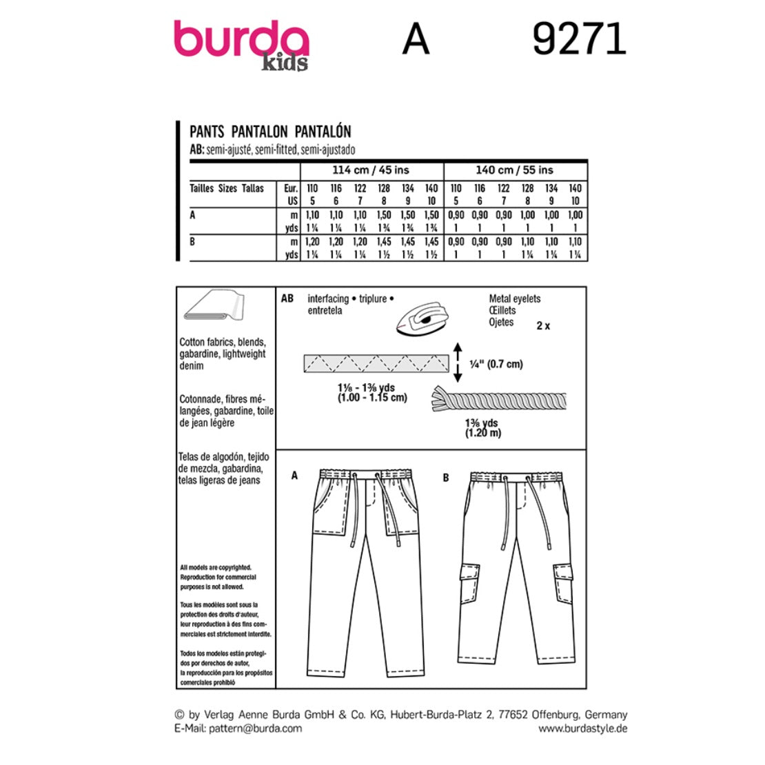 Burda Kids 9271 - Slip-on Trousers/Pants with Elastic and Patch Pockets Sewing Pattern