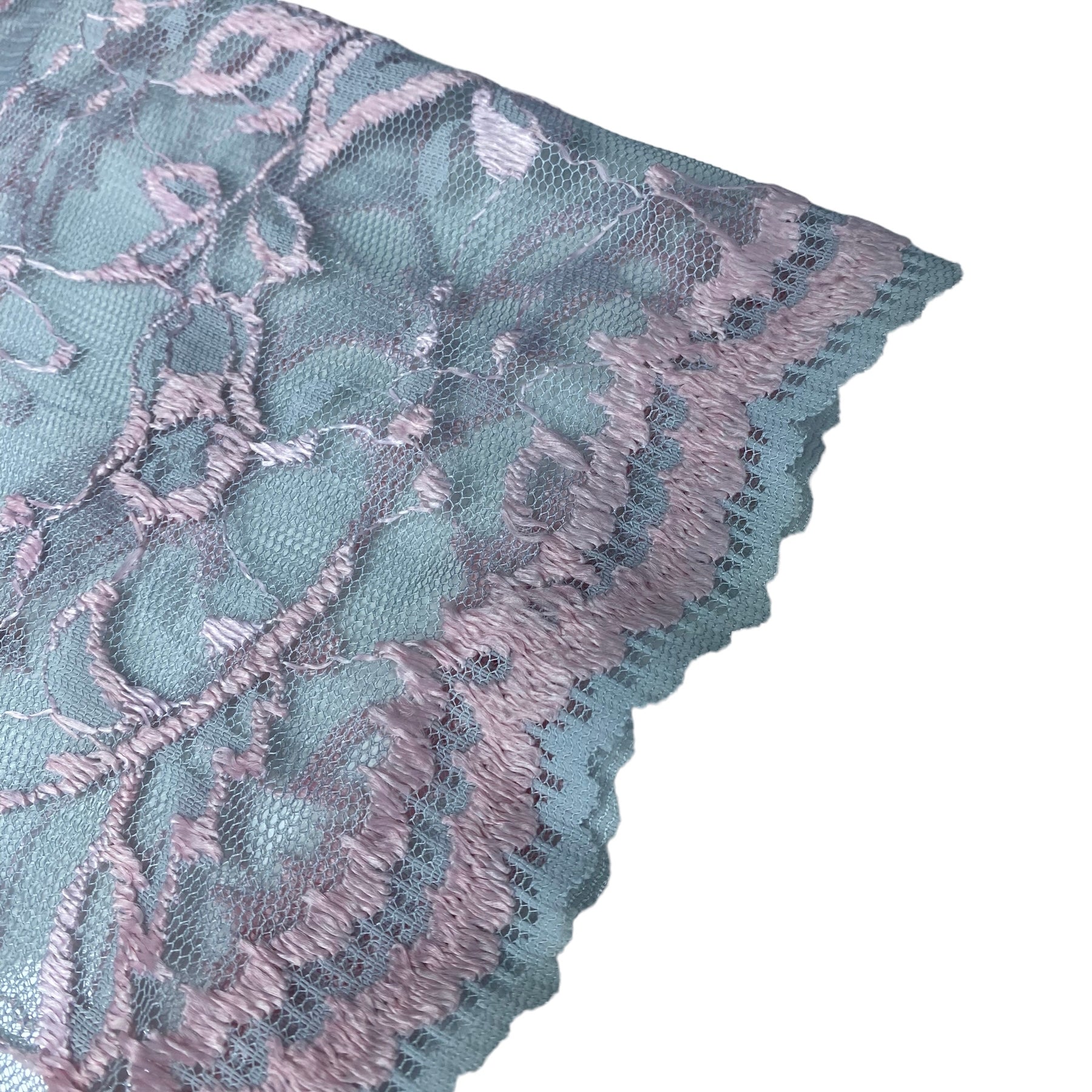 Floral Embroidered Lace with Finished Edges - Grey/Pink