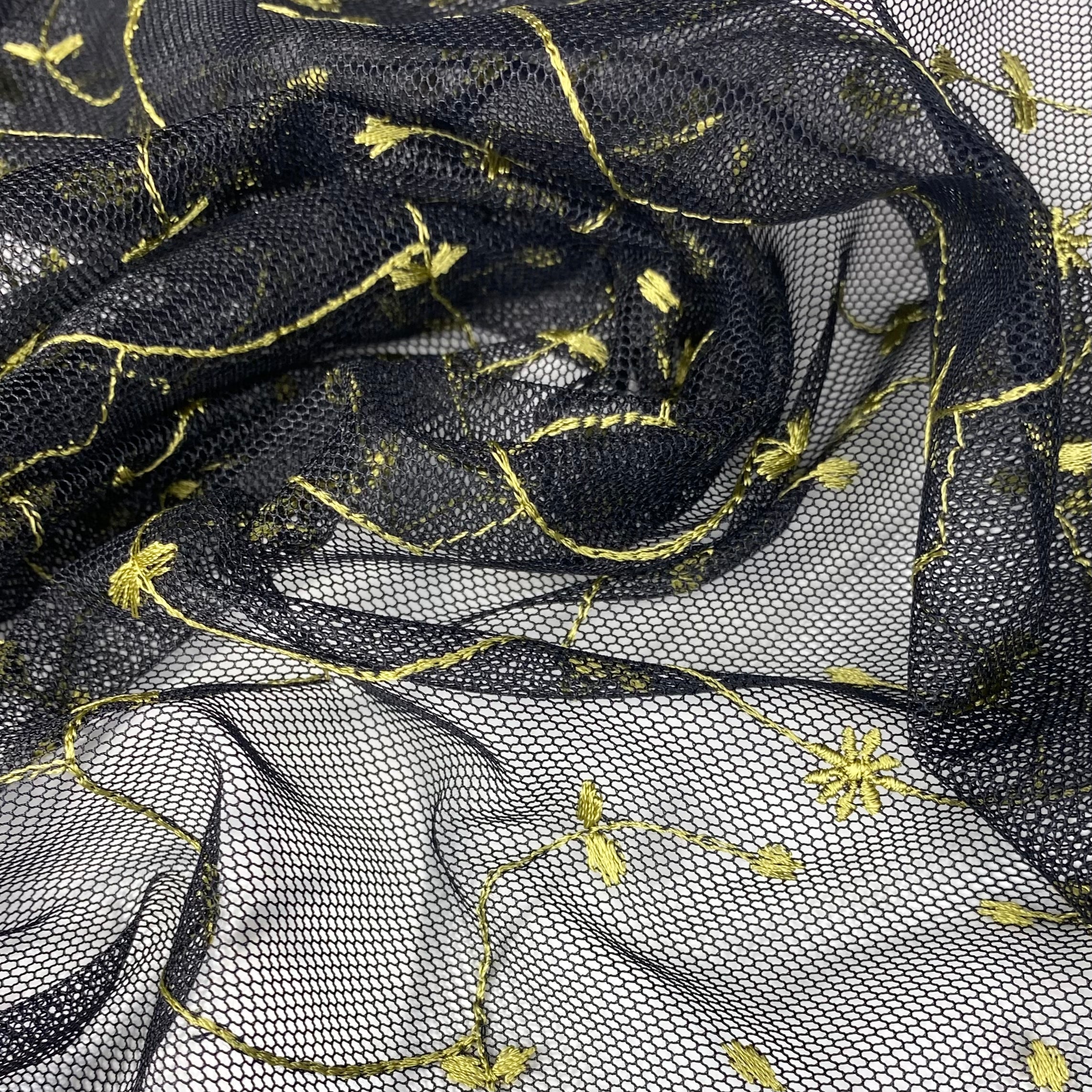 Floral Vines Embroidered Mesh - Black/