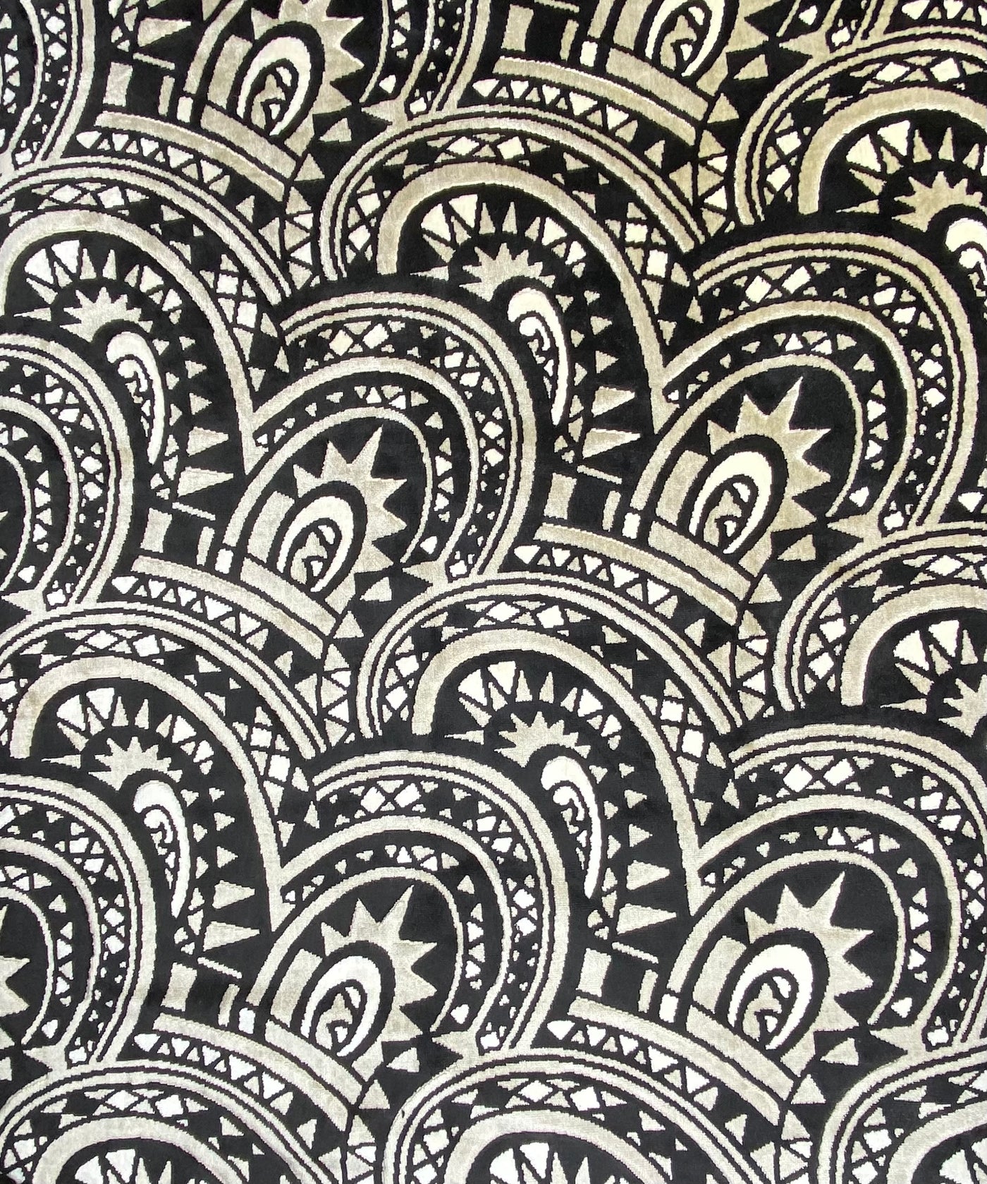 Patterned Cotton Velvet Upholstery - Designer Remnant - Black/Beige/Off White