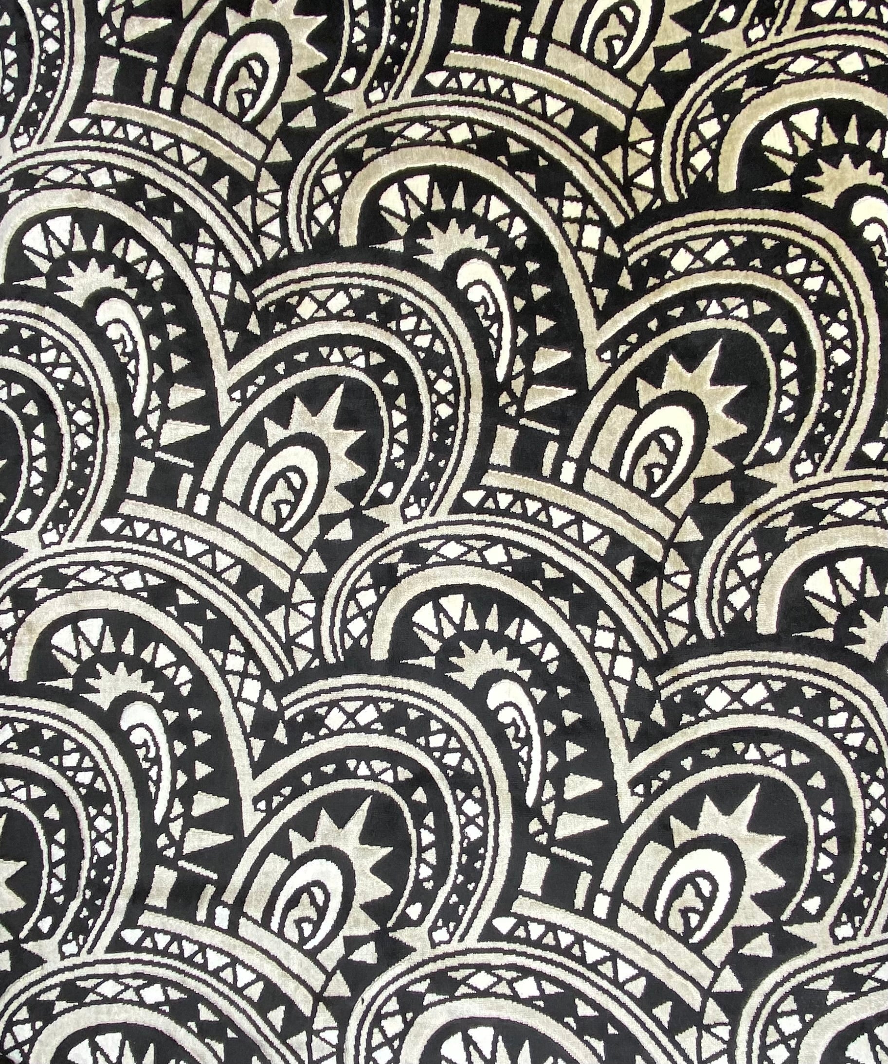 Patterned Cotton Velvet Upholstery - Designer Remnant - Black/Beige/Off White