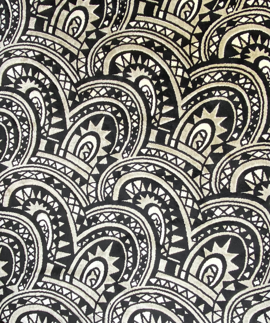 Patterned Cotton Velvet Upholstery - Designer Remnant - Black/Beige/Off White