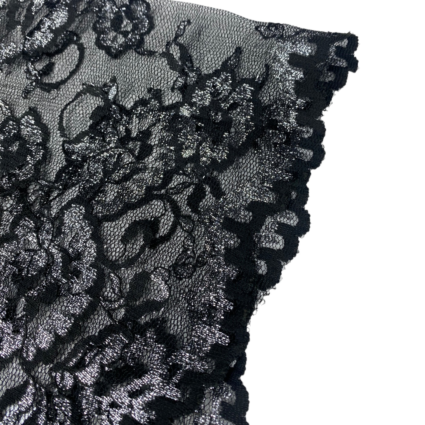 Floral Embroidered Lace with Finished Edges - Black/Silver