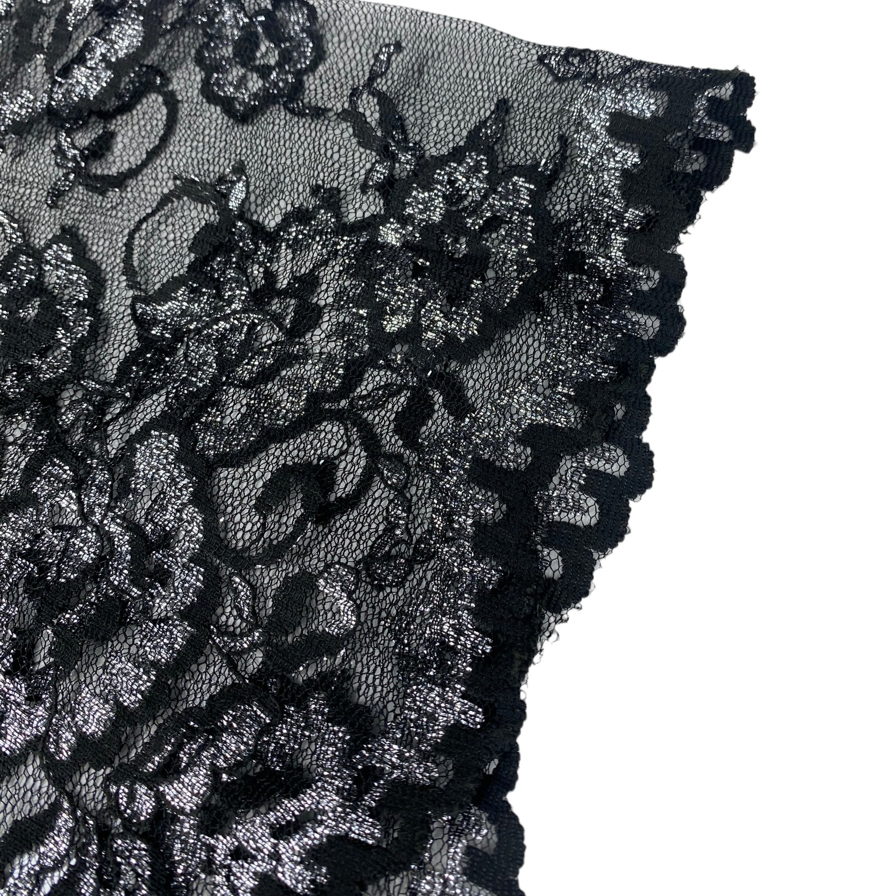 Floral Embroidered Lace with Finished Edges - Black/Silver
