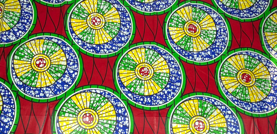 Waxed African Printed Cotton - Circles - Red/Green/Yellow/Blue