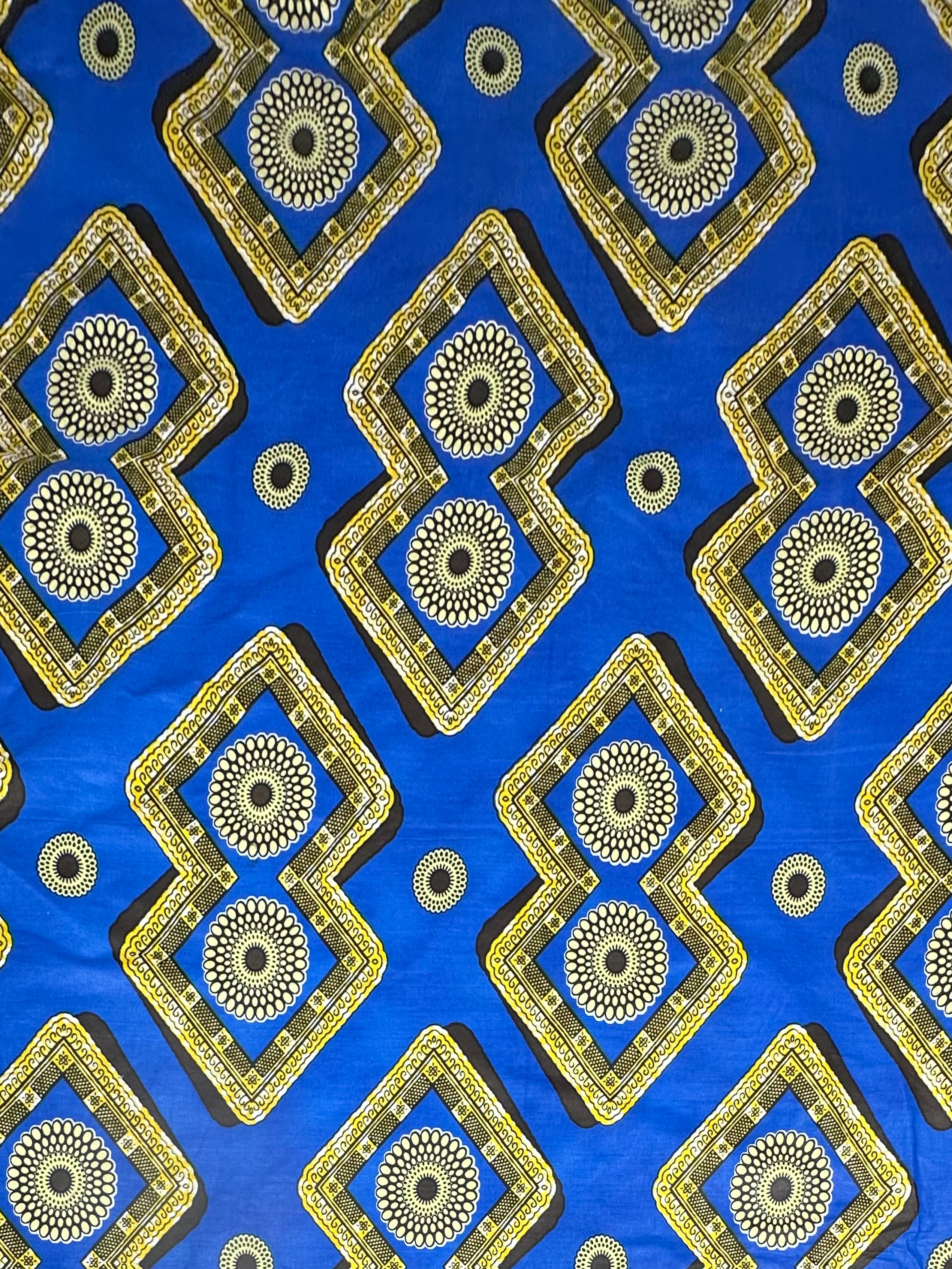 African Printed Cotton - Blue/Yellow