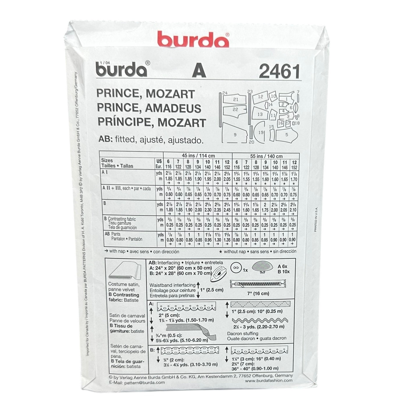 Burda 2461 Child Costume Sewing Pattern