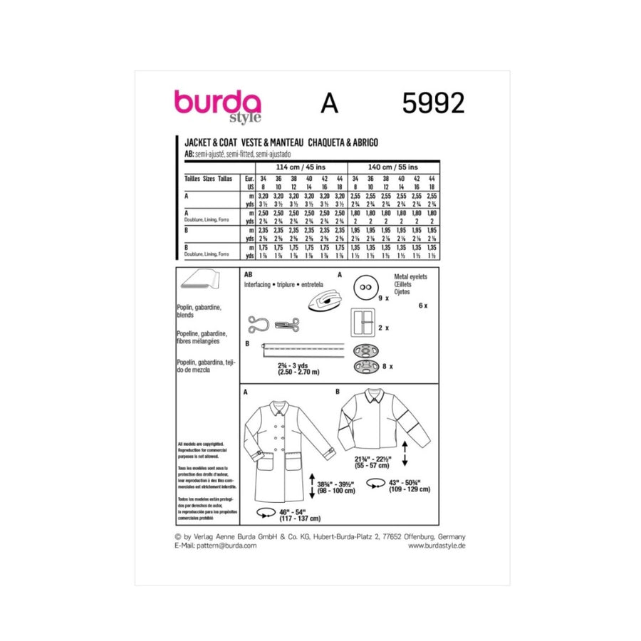 Burda Style 5992 - Jacket & Coat Sewing Pattern
