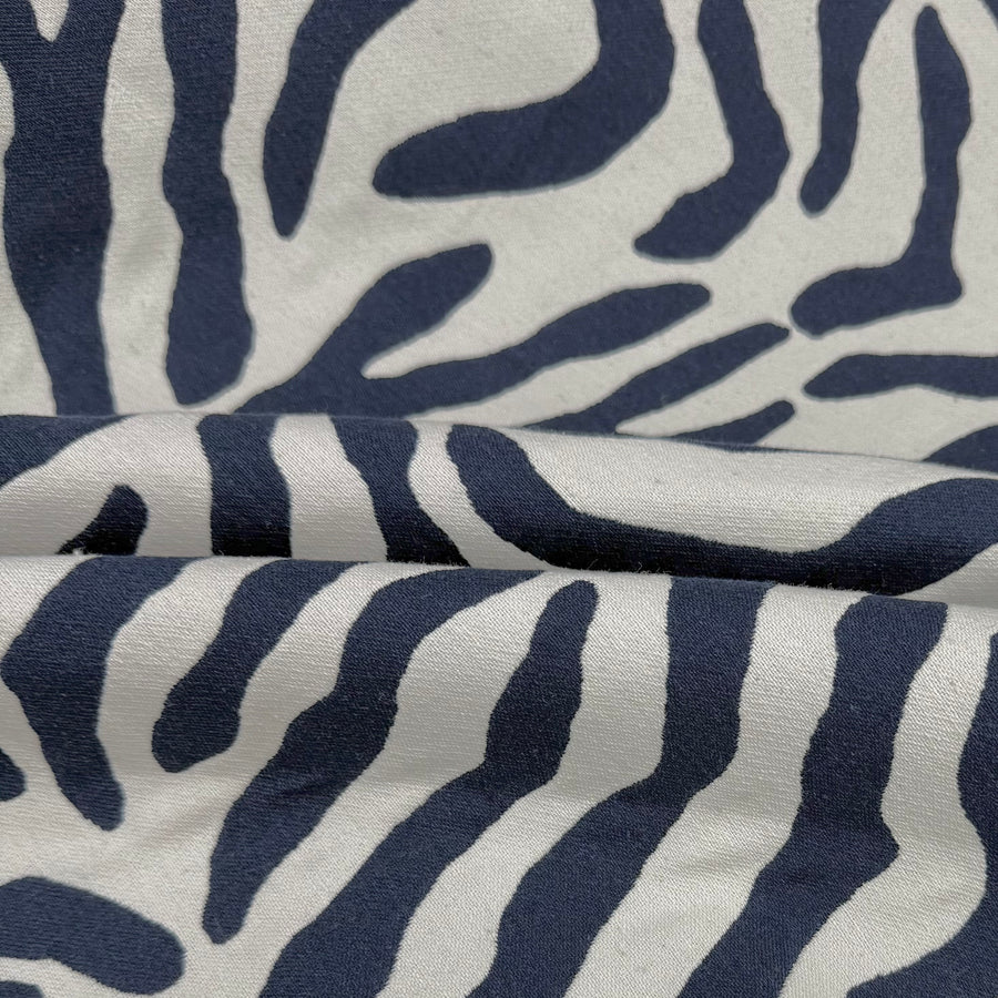 Double Face Zebra Patterned Cotton Blend Upholstery Remnant - Cream/Blue