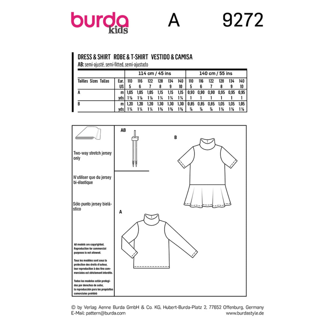 Burda Kids 9272 - Top, Dress – with Roll Neck Collar Sewing Pattern