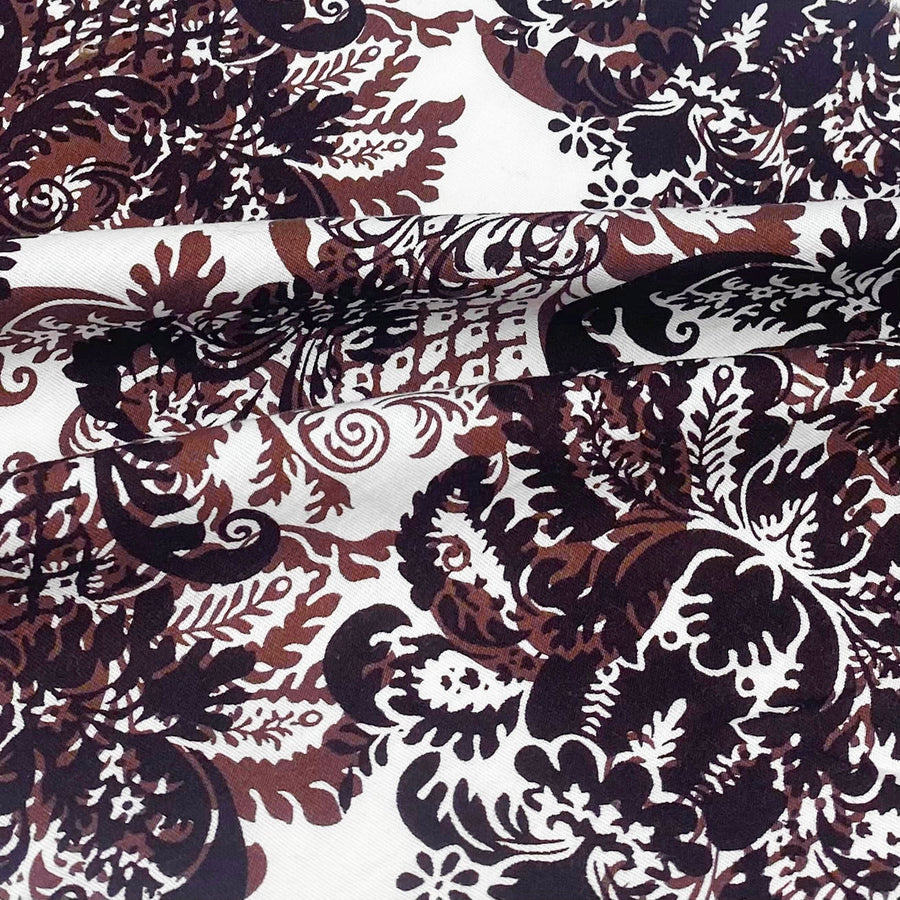 Lightweight Stretch Printed Cotton Damask - White/Brown