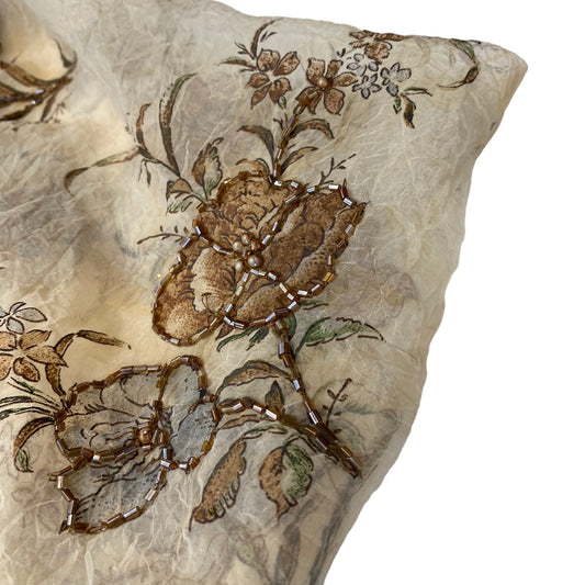 Beaded Floral Printed Crinkled Organza - Remnant - Brown
