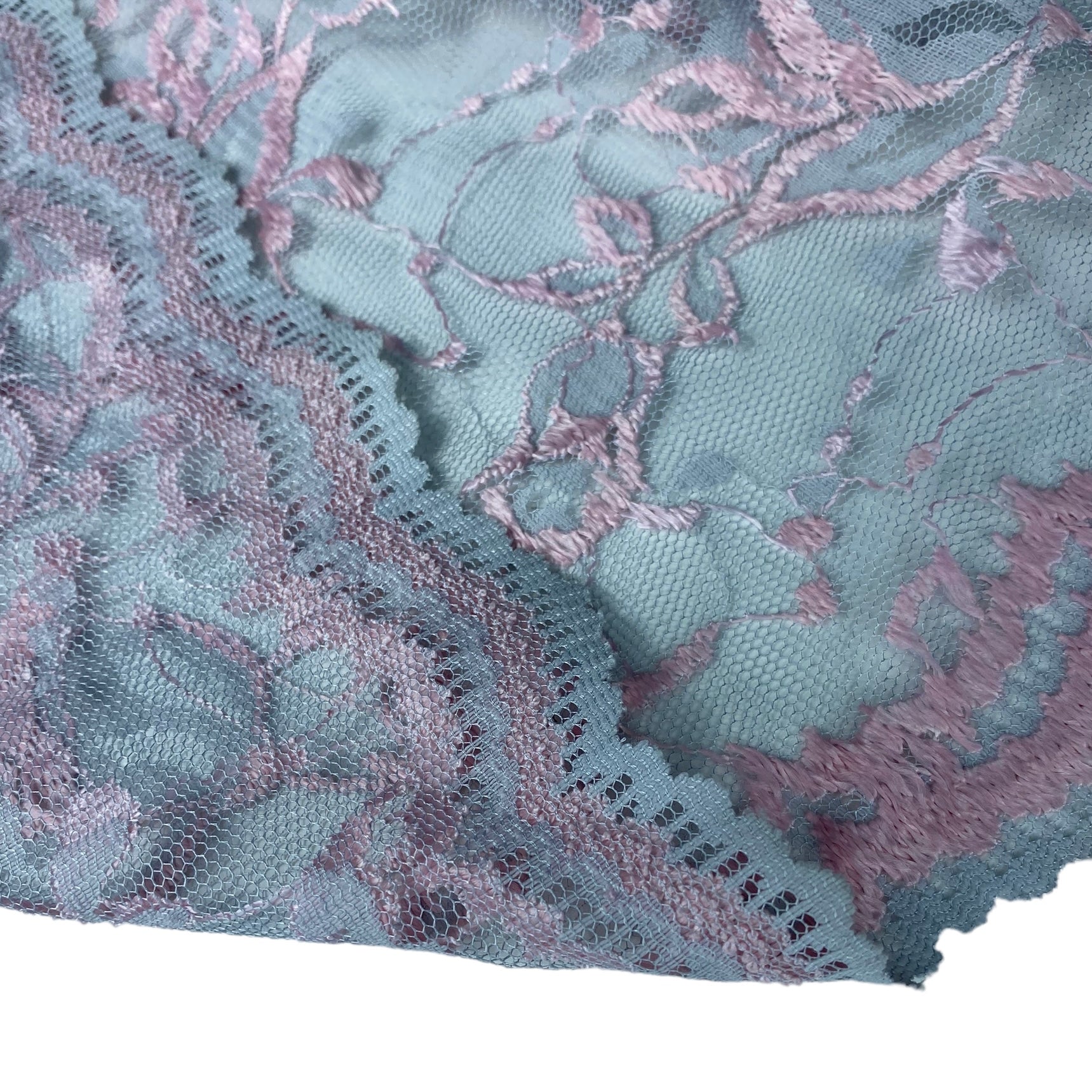 Floral Embroidered Lace with Finished Edges - Grey/Pink