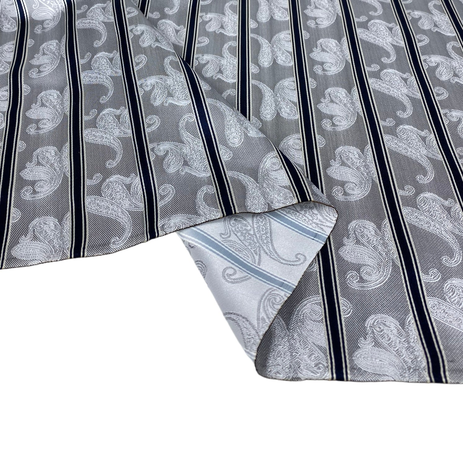 Striped Paisley Silk/Polyester Jacquard - Grey / White / Navy - Remnant