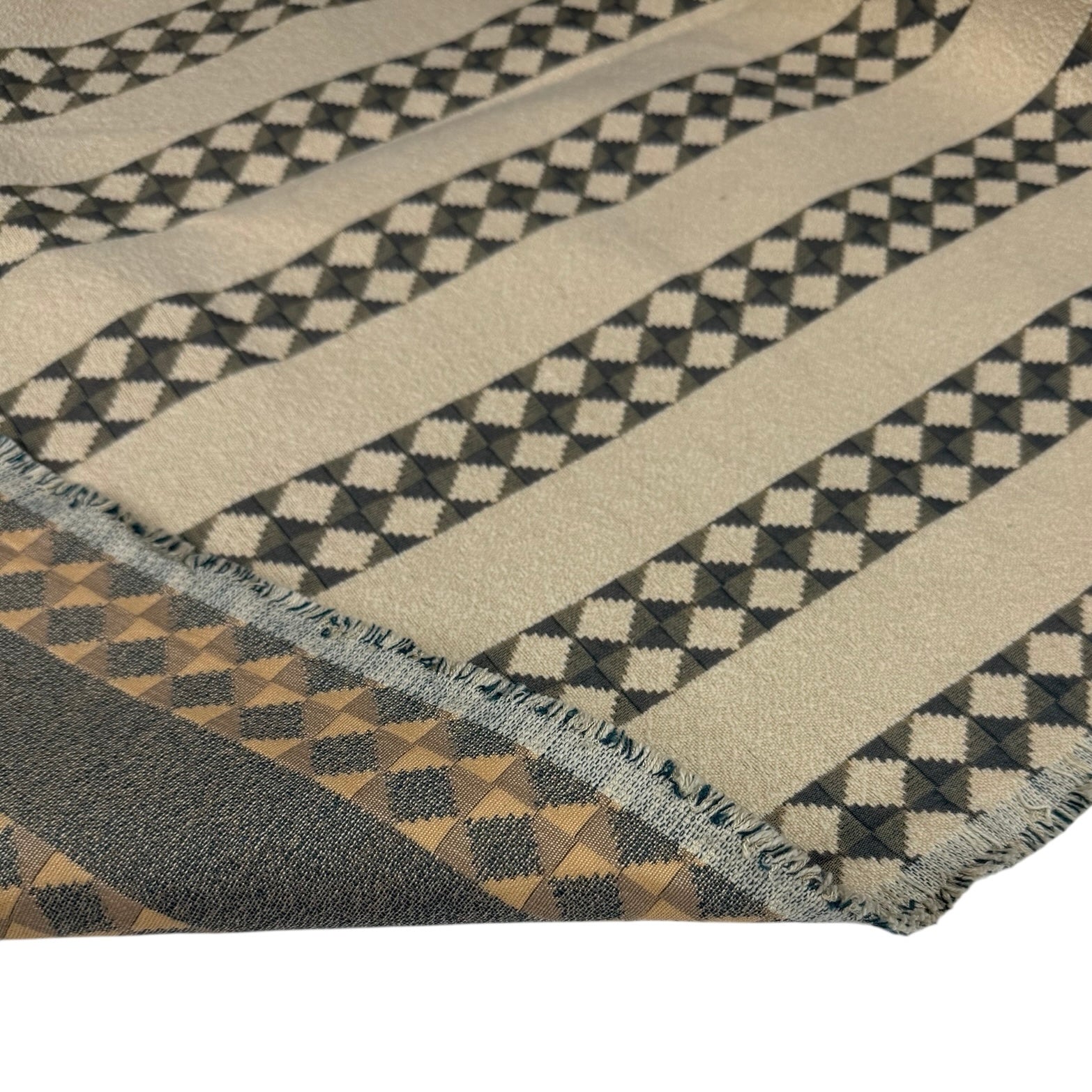Woven Striped Diamond Patterned Cotton Blend Upholstery Remnant - Beige/Turquoise