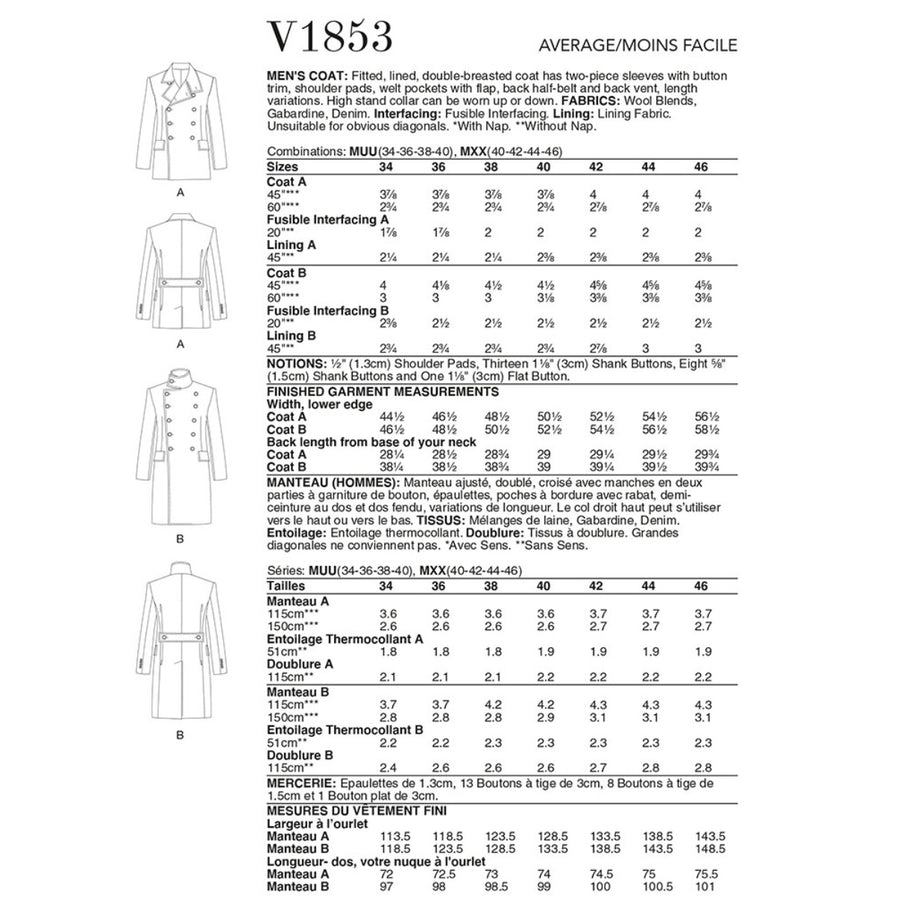 Vogue V1853 - Men’s Coat Sewing Pattern