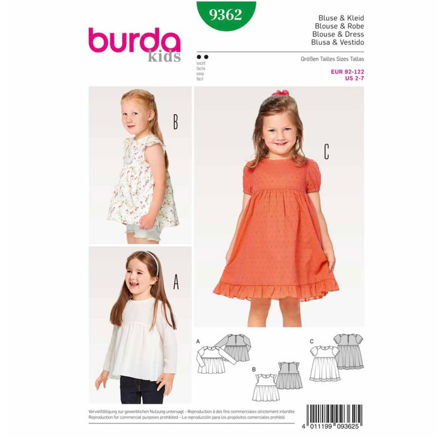 Burda Kids 9362 - Blouse & Dress Sewing Pattern