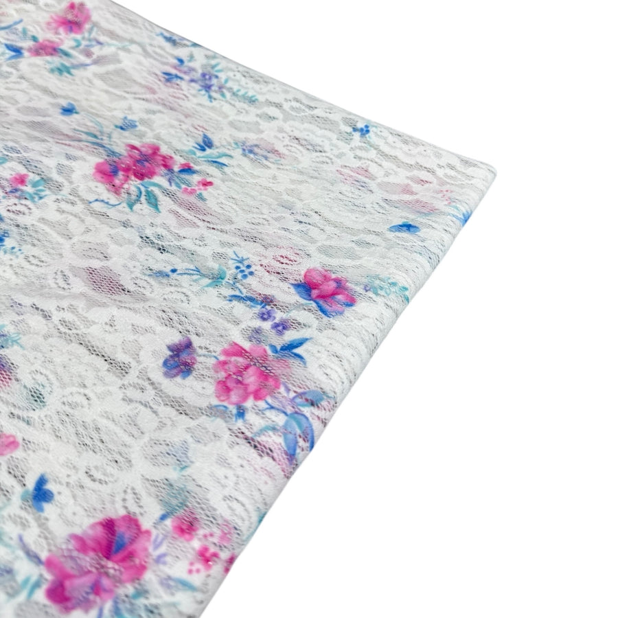 Floral Printed Stretch Lace - White/Pink/Blue