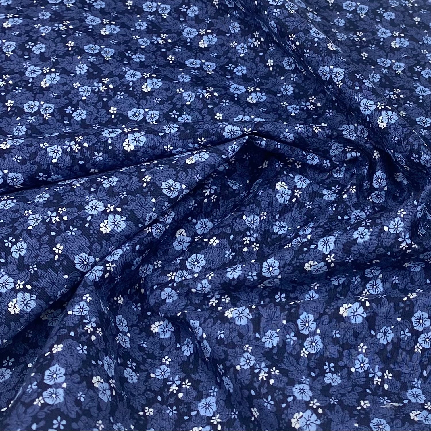 Small Floral Lightweight Printed Cotton - Navy/LightBlue/White