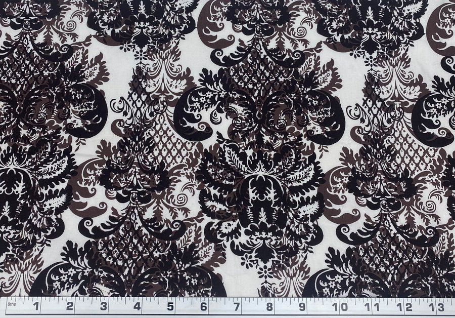 Lightweight Stretch Printed Cotton Damask - White/Brown