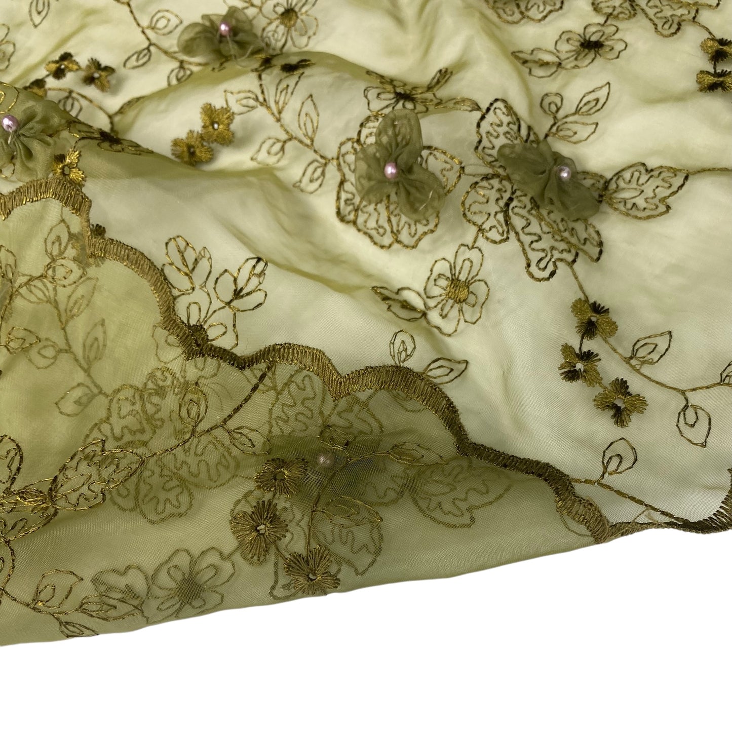 Floral Pearl Embroidered Organza - Green