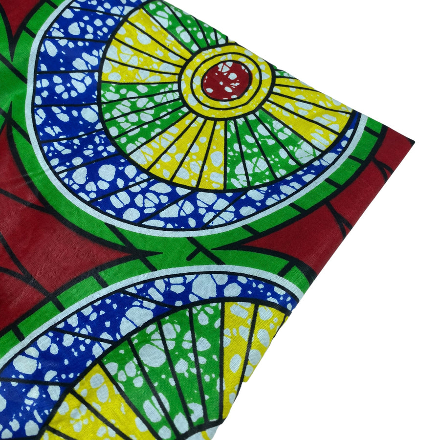 Waxed African Printed Cotton - Circles - Red / Green / Yellow / Blue