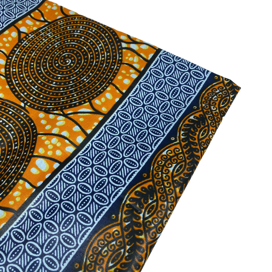 Waxed African Printed Cotton - Orange/Navy/Black/White