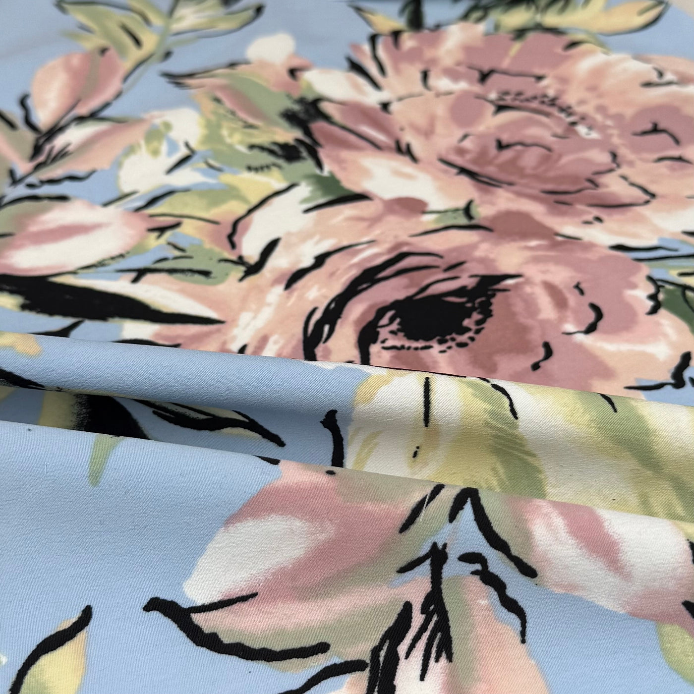 Floral Printed Polyester Tricot Interfaced Back - Blue/Pink/Black